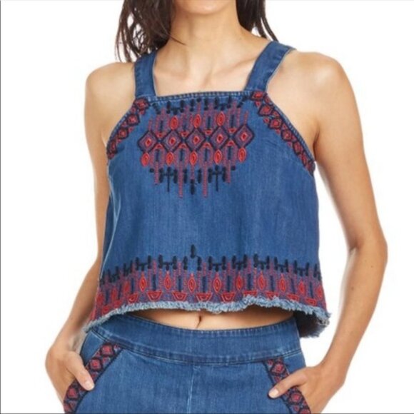 Blank NYC Embroidered Denim Boho Cropped Tank / Halter Top - Large - Picture 1 of 9